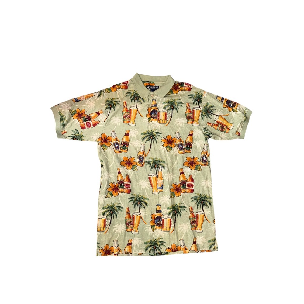 Big Dogs Polo Shirt Men XL Green Tropical Beer Palm‎ Tree All Over Print